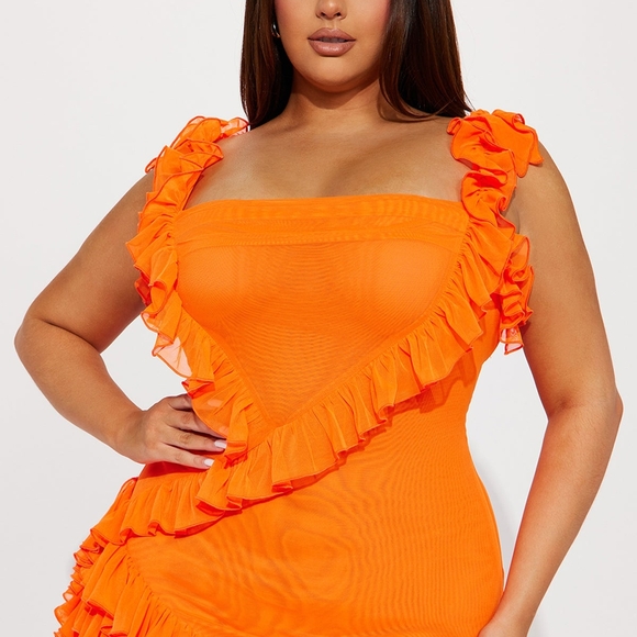 Fashion Nova Orange Asymmetrical Ruffled Cocktail Dress - Picture 2 of 3